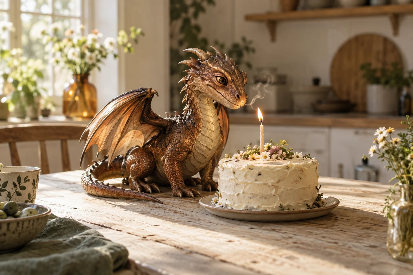 A little bronze dragon beside a birthday cake