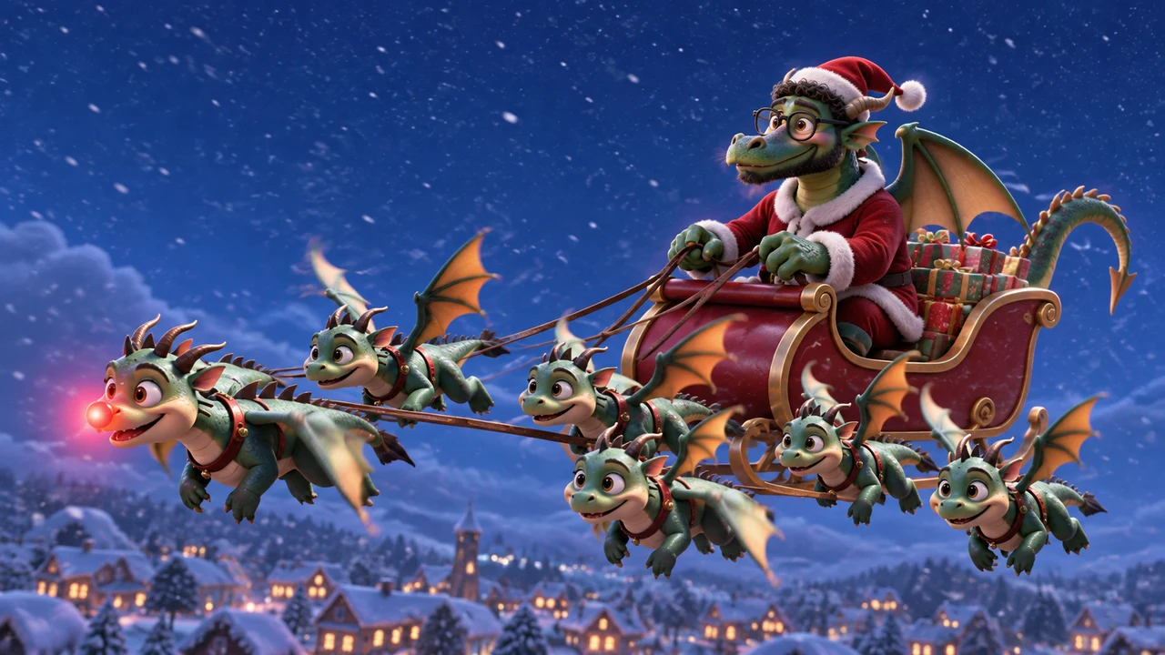 A bearded dragon Santa wearing glasses in a red sleigh with six flying dragons and a red-nosed leader