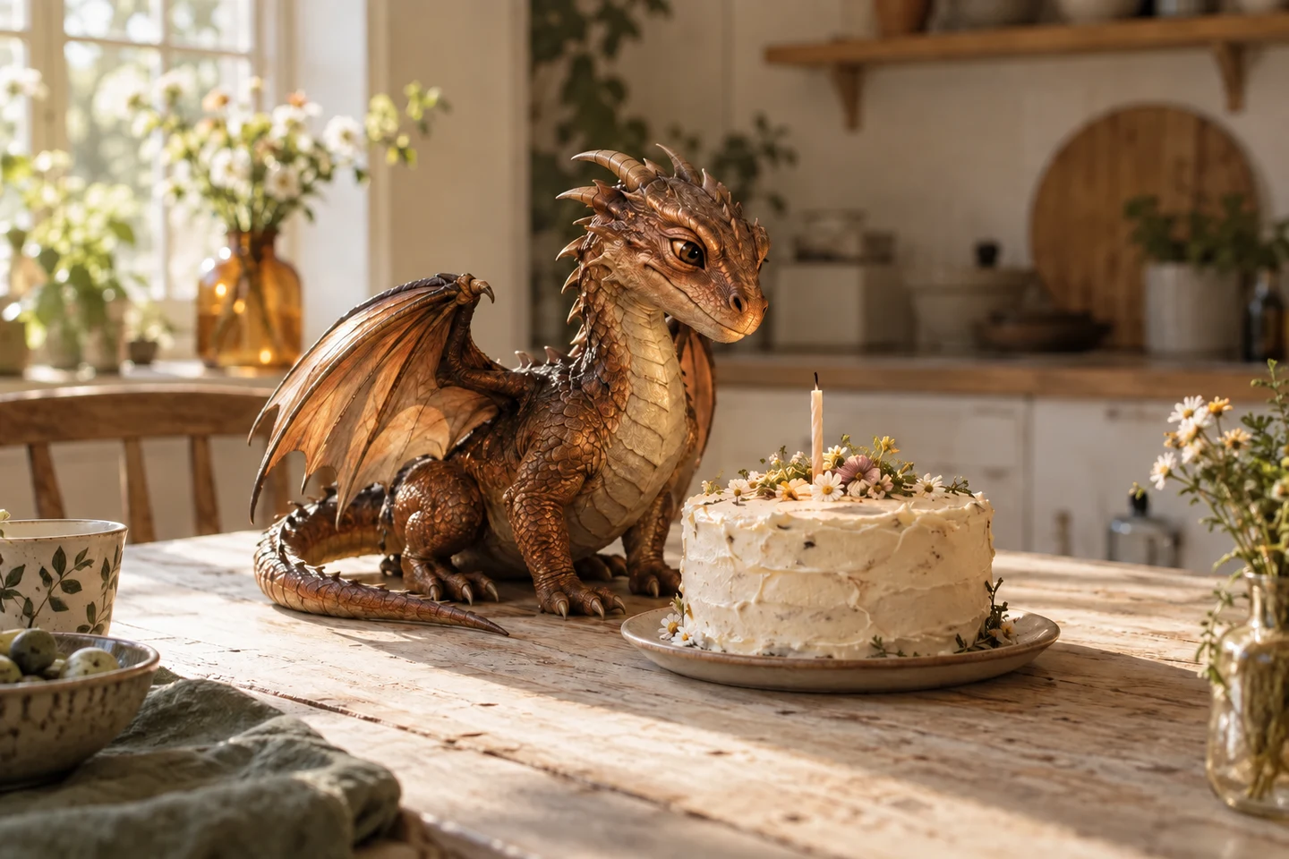 A bronze dragon beside a birthday cake