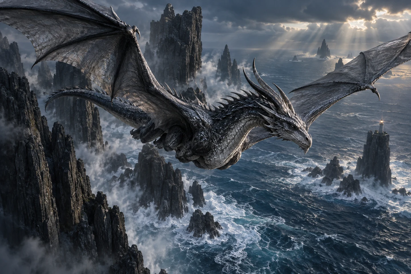 A cinematic dragon soaring over a stormy ocean
